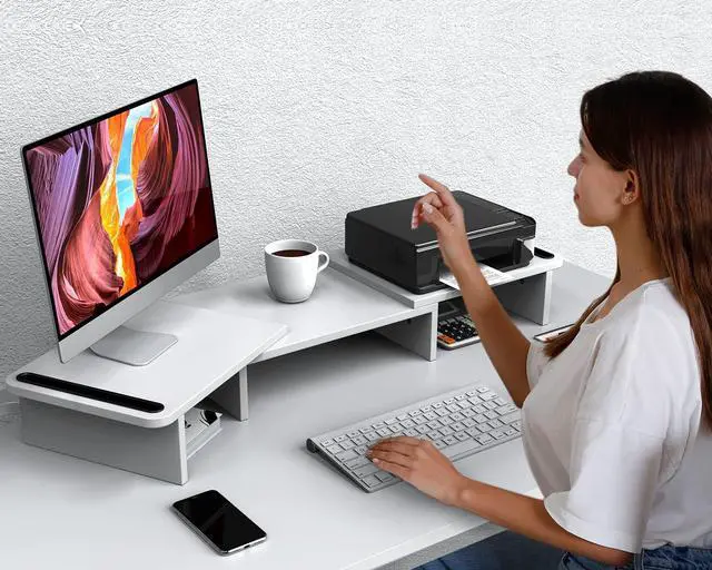 Alt view image 5 of 5 - Zimilar Dual Monitor Stand Riser, Monitor Stand with Adjustable Length and Angle, Wood Monitor Stand for Desk, Monitor Riser for 2 Monitors with Storage Space