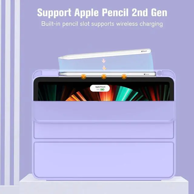 Alt view image 2 of 5 - ZryXal New iPad Pro 12.9 Inch Case 2022/2021/2020(6th/5th/4th Gen) with Pencil Holder,Smart iPad Case [Support Touch ID and Auto Wake/Sleep] with Auto 2nd Gen Pencil Charging (Light Purple)