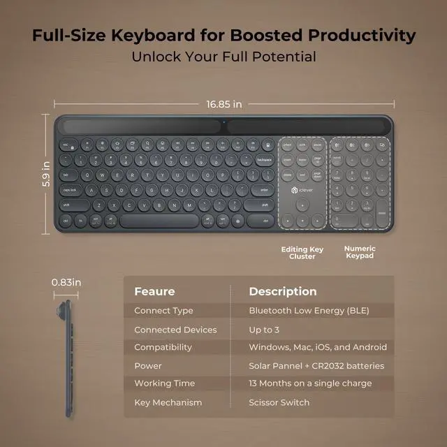 Alt view image 5 of 5 - iClever Solar Bluetooth Keyboard, Wireless Keyboard with Solar & Indoor Light Charging, Full Size, 3-Device Connectivity, Silent Scissor Round Keys, Numeric Keypad for Office/Home/Mac/Windows