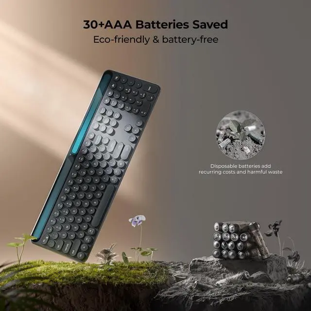 Alt view image 3 of 5 - iClever Solar Bluetooth Keyboard, Wireless Keyboard with Solar & Indoor Light Charging, Full Size, 3-Device Connectivity, Silent Scissor Round Keys, Numeric Keypad for Office/Home/Mac/Windows