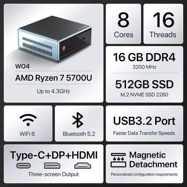Alt view image 2 of 5 - Trycoo Mini PC AMD Ryzen7 5700U (8C/16T, Up to 4.3GHz) Mini Gaming Pc16GB DDR4 512GB SSD 1TB HDD Dual LAN (2.5G+1G) WiFi 6 4K@60Hz HD DP Type-C Ultra-Mini Desktop for Office Home