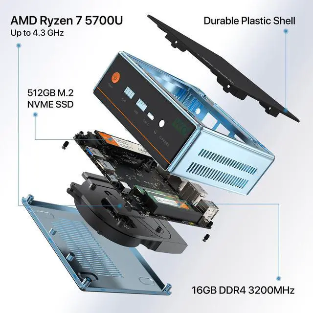 Alt view image 3 of 5 - Trycoo Mini PC AMD Ryzen7 5700U (8C/16T, Up to 4.3GHz) Mini Gaming Pc16GB DDR4 512GB SSD 1TB HDD Dual LAN (2.5G+1G) WiFi 6 4K@60Hz HD DP Type-C Ultra-Mini Desktop for Office Home