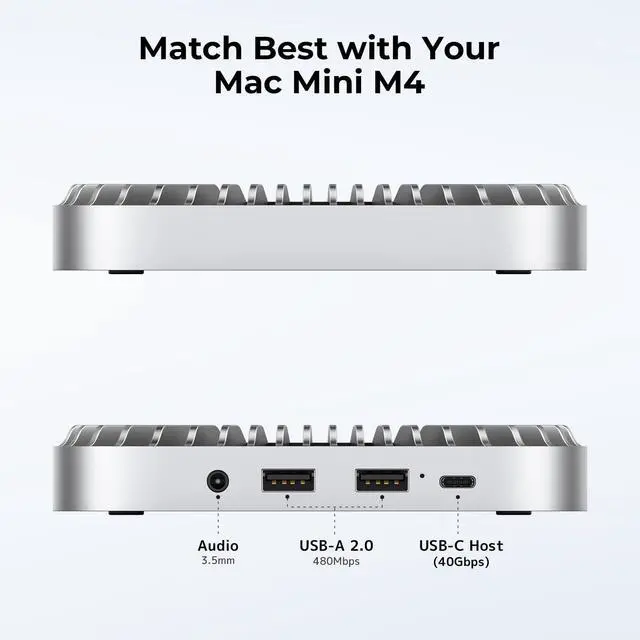 Alt view image 2 of 5 - 40Gbps Aluminum Hub & Stand for New M4/M4 Pro Mac mini (2024) with 40Gbps NVMe/M.2 SSD Enclosure, 2X USB-A, USB-C Host, 3.5mm Audio  Compatible with All New Mac mini M4/M4 Pro