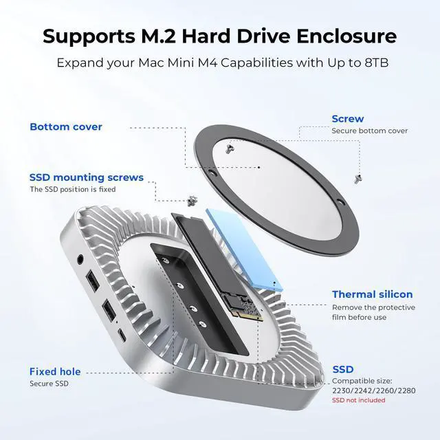 Alt view image 4 of 5 - 40Gbps Aluminum Hub & Stand for New M4/M4 Pro Mac mini (2024) with 40Gbps NVMe/M.2 SSD Enclosure, 2X USB-A, USB-C Host, 3.5mm Audio  Compatible with All New Mac mini M4/M4 Pro