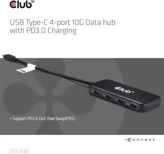 Alt view image 3 of 5 - Club 3D CSV-1548 USB Type-C Hub with 4 Ports, 10G Data Transfer, PD3.0 Charging- Compatible with Gen2 USB Peripherals- 10Gbps Data Transfer Rate