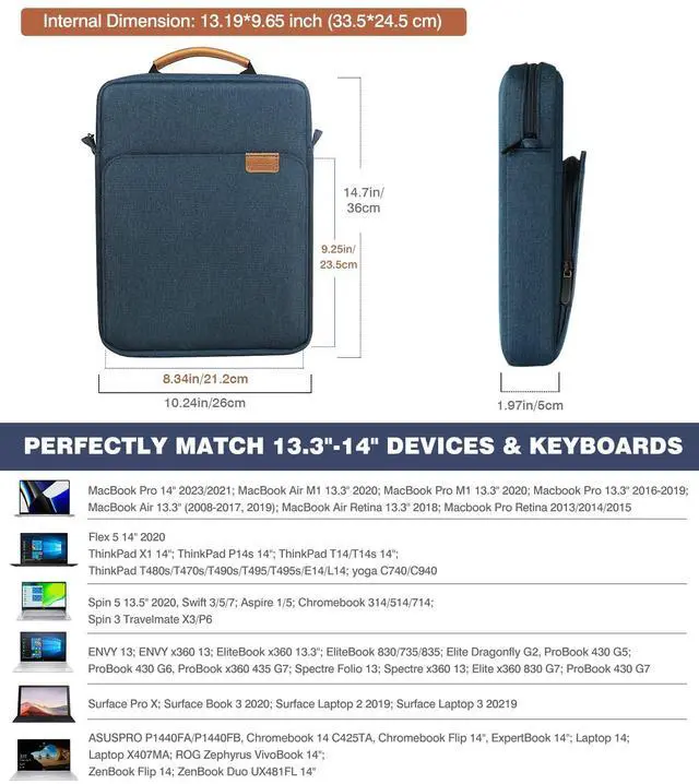 Alt view image 2 of 5 - MoKo 13.3-14 Inch Laptop Sleeve Bag Fits Macbook Pro 13" M2 2022/Pro M1 Pro/M1 Max 14.2 2021, Macbook Air 13.6" M2 2022, Tab S8 Ultra 14.6", Handle Carrying Case with Shoulder Strap, Indigo