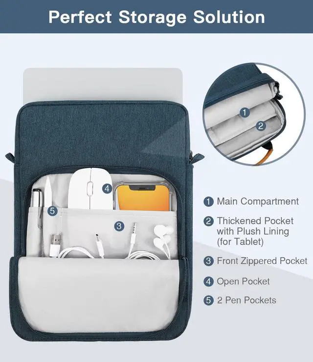 Alt view image 5 of 5 - MoKo 13.3-14 Inch Laptop Sleeve Bag Fits Macbook Pro 13" M2 2022/Pro M1 Pro/M1 Max 14.2 2021, Macbook Air 13.6" M2 2022, Tab S8 Ultra 14.6", Handle Carrying Case with Shoulder Strap, Indigo