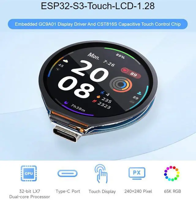 Alt view image 2 of 5 - waveshare ESP32-S3 Development Board with 1.28inch Round Touch LCD, Accelerometer and Gyroscope Sensor, 240×240 Pixel 65K Color RGB Color Round Display, Lead to 6 x GPIO Pins, Type-C Connector