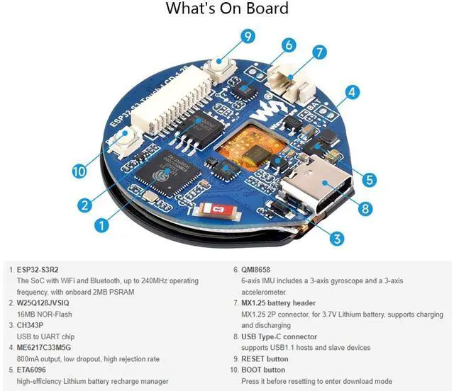 Alt view image 4 of 5 - waveshare ESP32-S3 Development Board with 1.28inch Round Touch LCD, Accelerometer and Gyroscope Sensor, 240×240 Pixel 65K Color RGB Color Round Display, Lead to 6 x GPIO Pins, Type-C Connector
