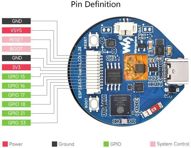 Alt view image 5 of 5 - waveshare ESP32-S3 Development Board with 1.28inch Round Touch LCD, Accelerometer and Gyroscope Sensor, 240×240 Pixel 65K Color RGB Color Round Display, Lead to 6 x GPIO Pins, Type-C Connector