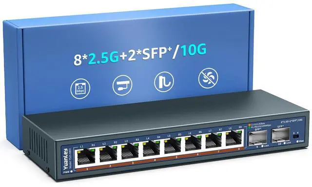 Main image of 10 Port 2.5G Unmanaged Ethernet Switch, 8 x 2.5G Base-T Ports, 2 x 10G SFP, Compatible with 100/1000/2500Mbps, VLAN, Fanless, Desktop/Wall Mount YuanLey 2.5Gbe Network Switch for Wireless AP, NAS, PC