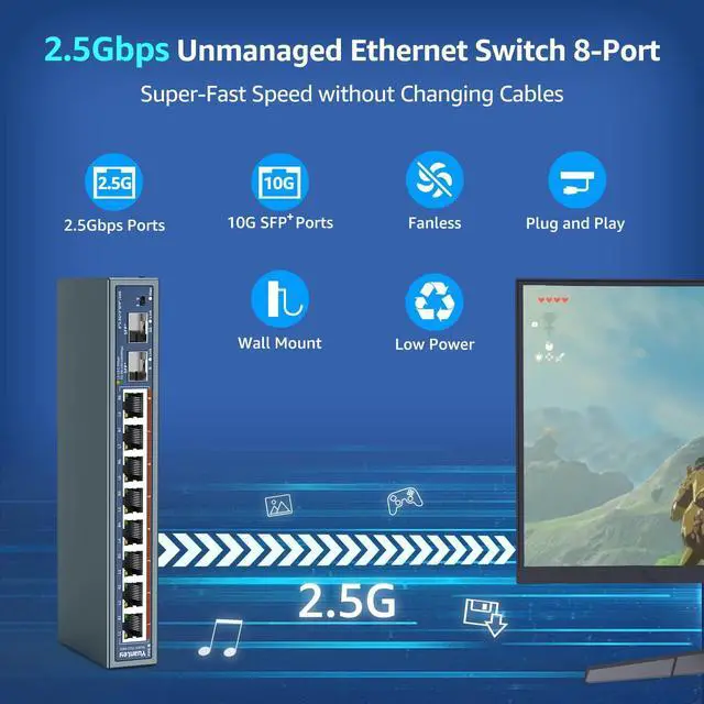 Alt view image 2 of 5 - 10 Port 2.5G Unmanaged Ethernet Switch, 8 x 2.5G Base-T Ports, 2 x 10G SFP, Compatible with 100/1000/2500Mbps, VLAN, Fanless, Desktop/Wall Mount YuanLey 2.5Gbe Network Switch for Wireless AP, NAS, PC