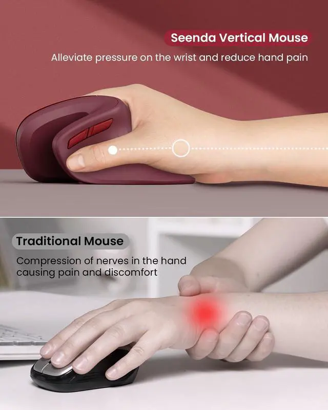 Alt view image 2 of 5 - seenda Ergonomic Vertical Mouse with Jiggler - Bluetooth + 2.4G USB Multi Device, Wireless Ergo Mice, Jiggler Mouse Mover for Laptop/PC/Notebook, Computer Mice for Windows, Mac OS (Wine Red)