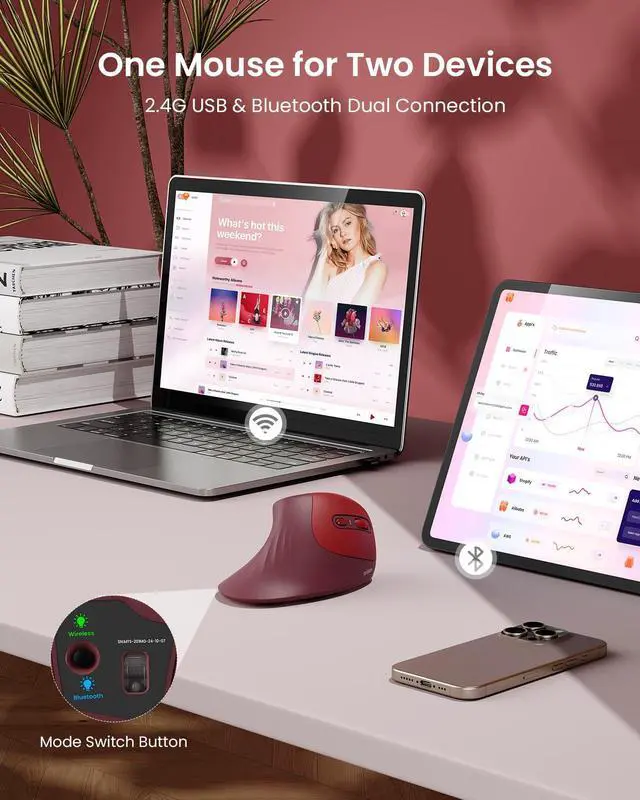 Alt view image 4 of 5 - seenda Ergonomic Vertical Mouse with Jiggler - Bluetooth + 2.4G USB Multi Device, Wireless Ergo Mice, Jiggler Mouse Mover for Laptop/PC/Notebook, Computer Mice for Windows, Mac OS (Wine Red)