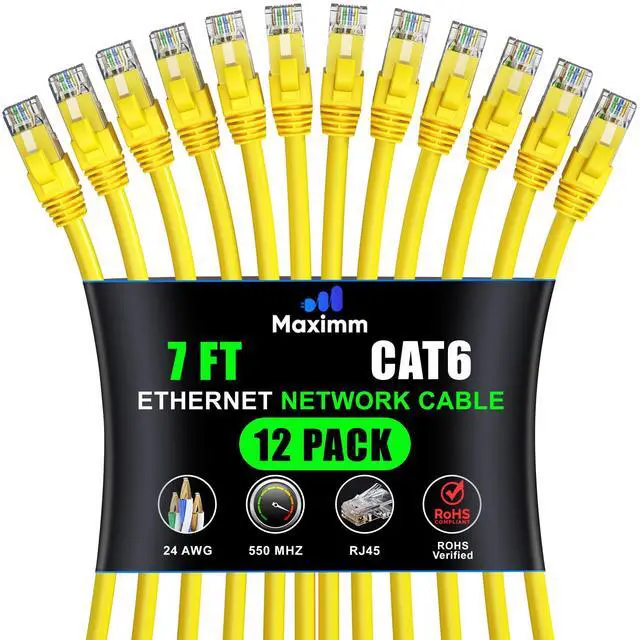 Main image of Maximm Cat 6 Ethernet Cable 7 Ft (12-Pack) - High-Speed LAN, Internet, Patch, and Network Cord - UTP, 10Gbps, 550MHz - Yellow