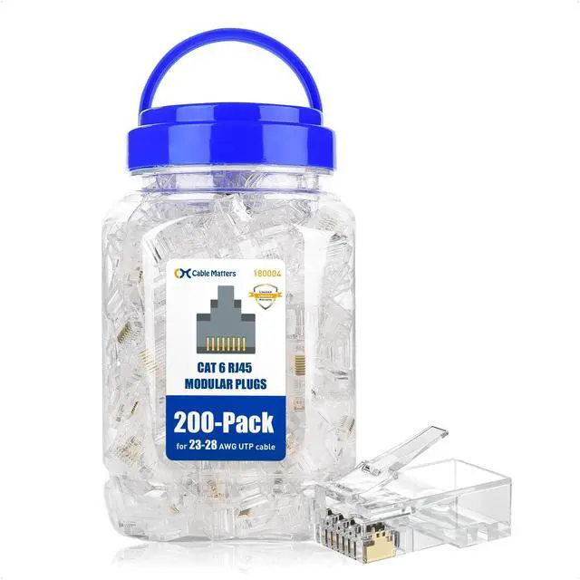 Main image of Cable Matters 200-Pack CAT6 RJ45 Modular Plugs (RJ45 Connector, Cat 6 Ends, Cat 6 Ethernet Connector, Ethernet Plugs), for Solid or Stranded UTP Cable