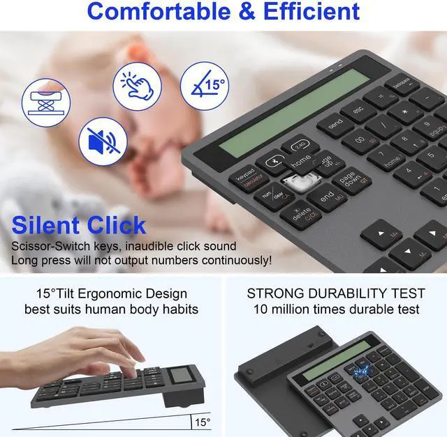 Alt view image 4 of 5 - Bluetooth/2.4G Wireless Number Pad with Calculator - Wireless Numeric Keypad Slim 34-Keys External Numpad Keyboard Data Entry + Calculation 2in1 Number Pad for Laptop Desktop PC Smartphone