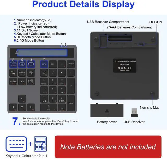 Alt view image 2 of 5 - Bluetooth/2.4G Wireless Number Pad with Calculator - Wireless Numeric Keypad Slim 34-Keys External Numpad Keyboard Data Entry + Calculation 2in1 Number Pad for Laptop Desktop PC Smartphone