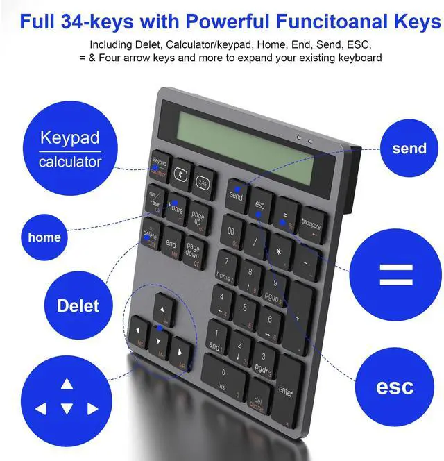 Alt view image 5 of 5 - Bluetooth/2.4G Wireless Number Pad with Calculator - Wireless Numeric Keypad Slim 34-Keys External Numpad Keyboard Data Entry + Calculation 2in1 Number Pad for Laptop Desktop PC Smartphone