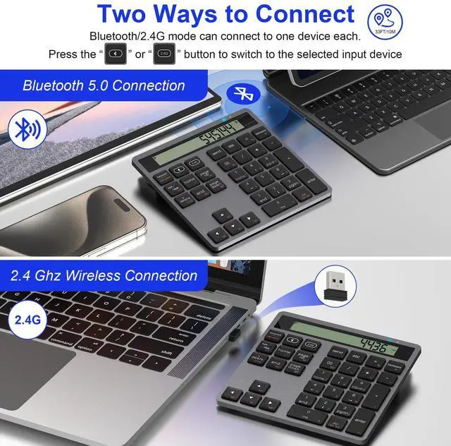 Alt view image 3 of 5 - Bluetooth/2.4G Wireless Number Pad with Calculator - Wireless Numeric Keypad Slim 34-Keys External Numpad Keyboard Data Entry + Calculation 2in1 Number Pad for Laptop Desktop PC Smartphone