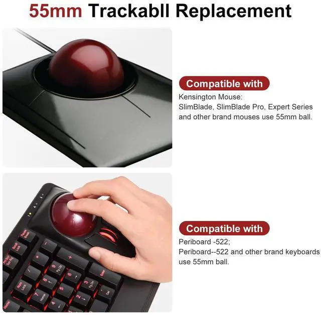 Alt view image 3 of 5 - SANWA 55mm Trackball, 2.17in Replacement Ball for Kensington SlimBlade, SlimBlade Pro, Expert Mouse, Perixx Keyboard Periboard-522/322, and Other Compatible Mouse, Glossy Red + Black, Set of 2