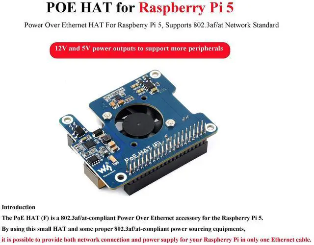 Alt view image 2 of 5 - POE HAT Board Compatible with Raspberry Pi 5, Power Over Ethernet HAT with Cooling Fan and Metal Heatsink for Pi5, Supports 802.3af/at Network Standard