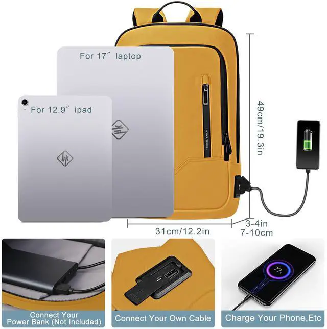 Alt view image 2 of 5 - hk Backpack for Men Business Slim Backpack with USB Charger Computer Lightweight Anti-theft Travel (Yellow, 17.3 Inch)