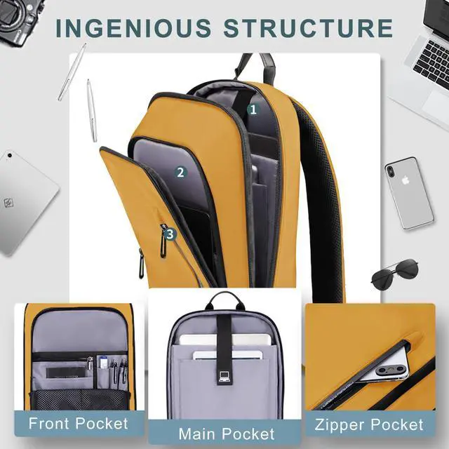 Alt view image 3 of 5 - hk Backpack for Men Business Slim Backpack with USB Charger Computer Lightweight Anti-theft Travel (Yellow, 17.3 Inch)