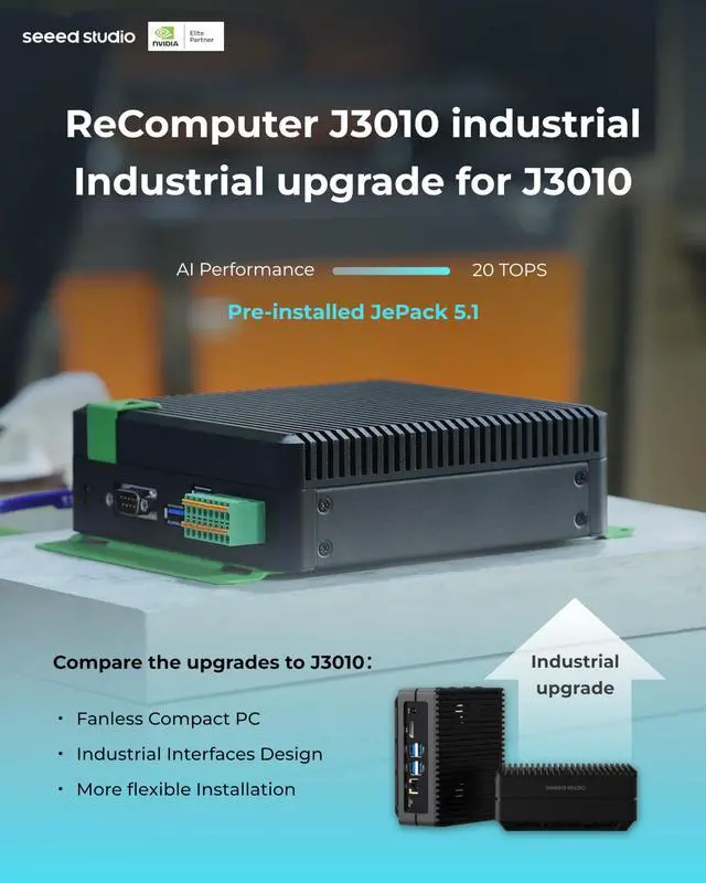 Alt view image 2 of 5 - seeed studio NVIDIA Jetson Orin Nano 4GB Industrial Fanless Edge AI Device-reComputer Industrial J3010, Aluminum case with Passive Cooling, 2xRJ45 GbE, 1xRS232/RS-422/RS-485, 4xDI/DO, 1xCAN, 3xUSB3.2