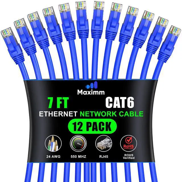 Main image of Maximm Cat 6 Ethernet Cable - 7 ft (12-Pack), High-Speed LAN, Internet, Patch, and Network Cable - UTP, 10Gbps, 550MHz - Blue