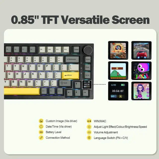 Alt view image 3 of 5 - EPOMAKER Ajazz AK820 Pro 75% Mechanical Gaming Keyboard, Gasket-Mounted with TFT Smart Display & Knob + Wisteria 39gf Linear Switches