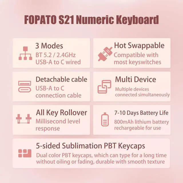 Alt view image 3 of 5 - FOPATO S21 Number Pad, 21 Keys Hot Swappable Numpad, 3-Mode Bluetooth Wireless Numeric Keypad, Gasket Structure Mechanical Keyboard with RGB Linear Switch PBT Keycap for PC Laptop Notebook