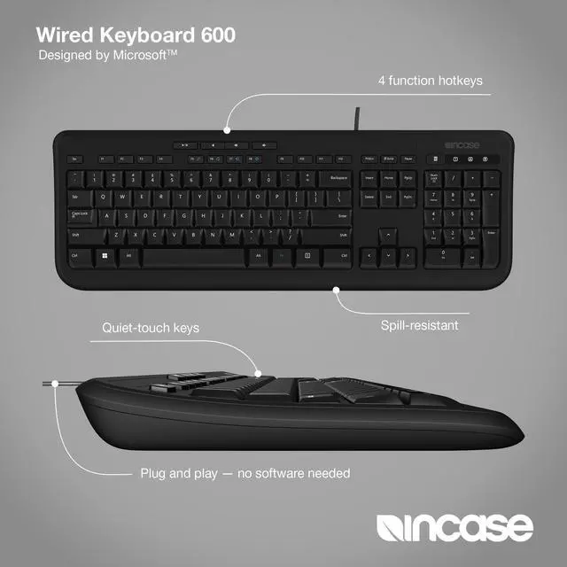 Alt view image 2 of 5 - Incase Wired Keyboard 600 - Designed by Microsoft - Spill Resistant, Quiet Touch Keys, Plug and Play, 4 Hotkeys, Windows Start Key - Black