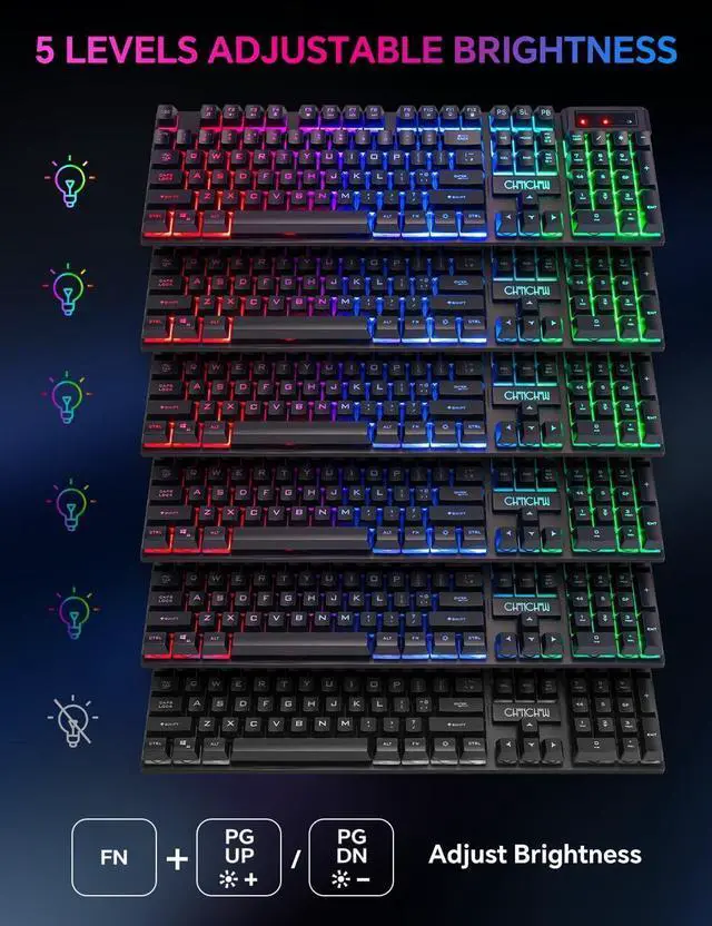 Alt view image 4 of 5 - CHONCHOW Wireless Gaming Keyboard, 104 Key Rechargeable Rainbow LED Light Up Wireless Keyboard, for PC PS4 PS5 Xbox One Laptop, Teclado inalámbrico, (G221e)