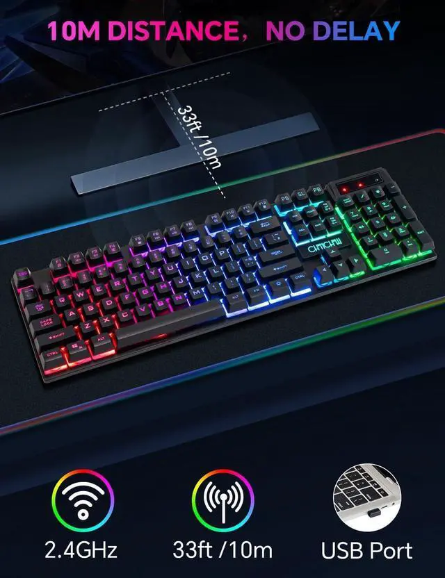 Alt view image 3 of 5 - CHONCHOW Wireless Gaming Keyboard, 104 Key Rechargeable Rainbow LED Light Up Wireless Keyboard, for PC PS4 PS5 Xbox One Laptop, Teclado inalámbrico, (G221e)