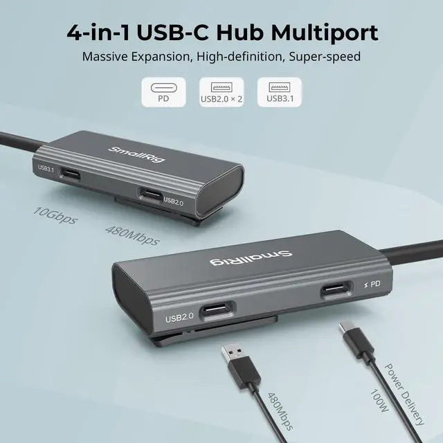 Alt view image 2 of 5 - SmallRig 4-in-1 USB-C Hub with a Cold Shoe Mount, Type- C Multiport Hub with PD 100W / USB-C 3.1 / USB-C 2.0 with Audio Adapter x 2, for Mobile Shooting of ProRes Videos at 4K 60fps - 4598