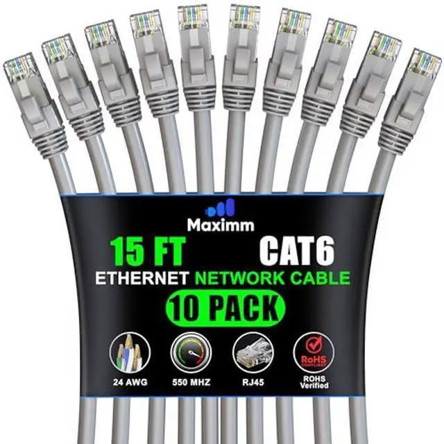 Main image of Maximm Cat 6 Ethernet Cable 15 ft (10-Pack) - High-Speed LAN Cable, Internet Cable, Patch Cable, and Network Cable - UTP, 10Gbps, 550MHz Ethernet Cord - Gray