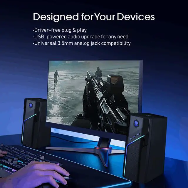 Alt view image 5 of 5 - museeq Gaming Computer Speakers, PC Speakers for Desktop with Dynamic Lighting - 21 Modes Touch Control,USB Powered Stereo Sound with Bluetooth 5.1,for PC Desktop, Laptop