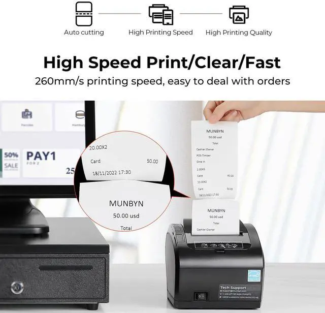 Alt view image 4 of 5 - MUNBYN WiFi Receipt Printer with USB Port, 80mm POS Printer and White Cash Drawer, 16" Heavy Duty Cash Register for Point of Sale (POS) System