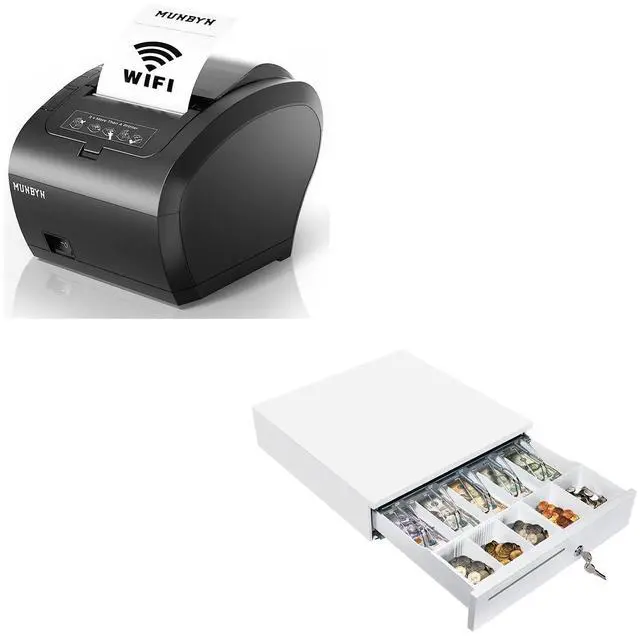 Main image of MUNBYN WiFi Receipt Printer with USB Port, 80mm POS Printer and White Cash Drawer, 16" Heavy Duty Cash Register for Point of Sale (POS) System