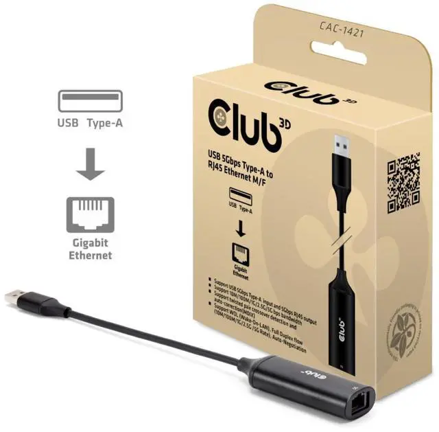 Alt view image 2 of 5 - Club 3D CAC-1421 USB 5Gbps Type-A to RJ45 Ethernet Adapter M/F