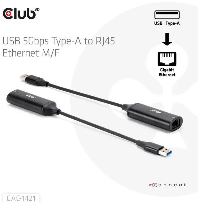 Alt view image 3 of 5 - Club 3D CAC-1421 USB 5Gbps Type-A to RJ45 Ethernet Adapter M/F