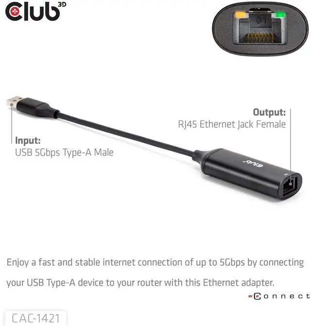 Alt view image 5 of 5 - Club 3D CAC-1421 USB 5Gbps Type-A to RJ45 Ethernet Adapter M/F