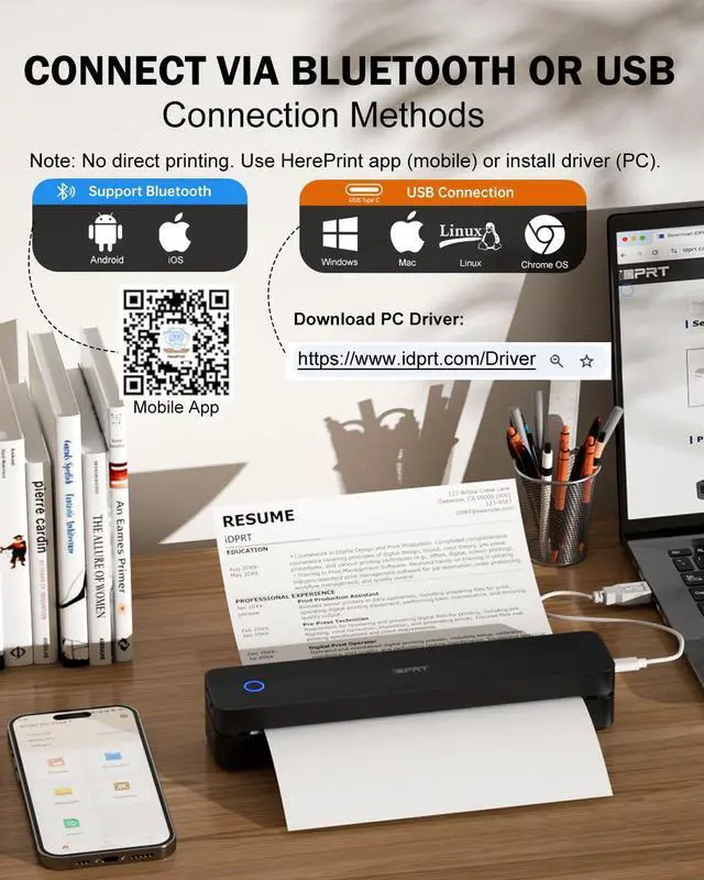 Alt view image 4 of 5 - iDPRT Inkless Portable Printer for Travel, 300DPI Wireless Thermal Printer Support 8.5 x 11 Inch US Letter, A4, Small Bluetooth Printers Compatible with iOS, Android Laptop for Office Car Home, Black