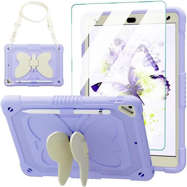 Main image of for iPad 9th Generation Case 10.2 inch for Kids Girls with Screen Protector, Butterfly Kickstand, Shoulder Strap, Pencil Holder Rugged Cover for iPad 9th 8th 7th Gen 2021 2020 2019, Purple