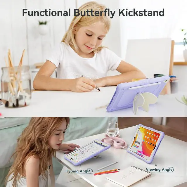 Alt view image 4 of 5 - for iPad 9th Generation Case 10.2 inch for Kids Girls with Screen Protector, Butterfly Kickstand, Shoulder Strap, Pencil Holder Rugged Cover for iPad 9th 8th 7th Gen 2021 2020 2019, Purple