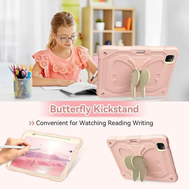 Alt view image 4 of 5 - for iPad Air 5th Generation Case iPad Pro 11 inch Case 4th 3rd for Kids Girls with Screen Protector, Butterfly Kickstand, Shoulder Strap, Pencil Holder Cover for iPad Air 4th Gen 10.9'' Pink