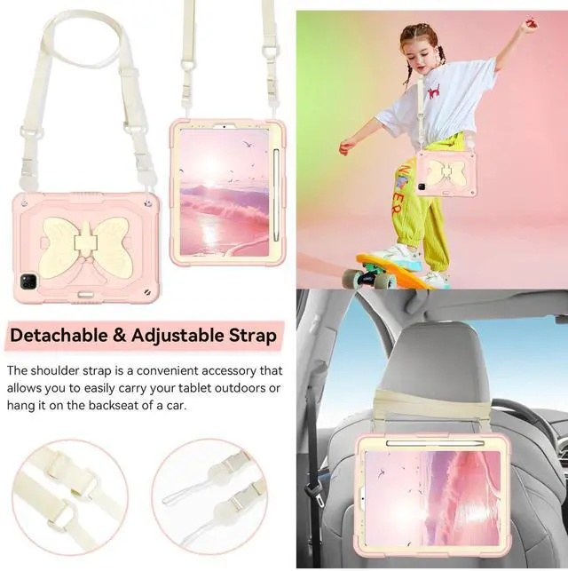 Alt view image 5 of 5 - for iPad Air 5th Generation Case iPad Pro 11 inch Case 4th 3rd for Kids Girls with Screen Protector, Butterfly Kickstand, Shoulder Strap, Pencil Holder Cover for iPad Air 4th Gen 10.9'' Pink