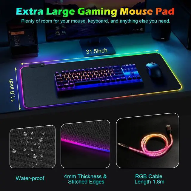 Alt view image 4 of 5 - RGB Gaming Mouse Pad with LED Cable, XXL Large Mousepad with 13 Light Modes 800x300x4mm Non-Slip Rubber Base, Waterproof Computer Mat for Home Office Gaming Keyboard Desk Decor