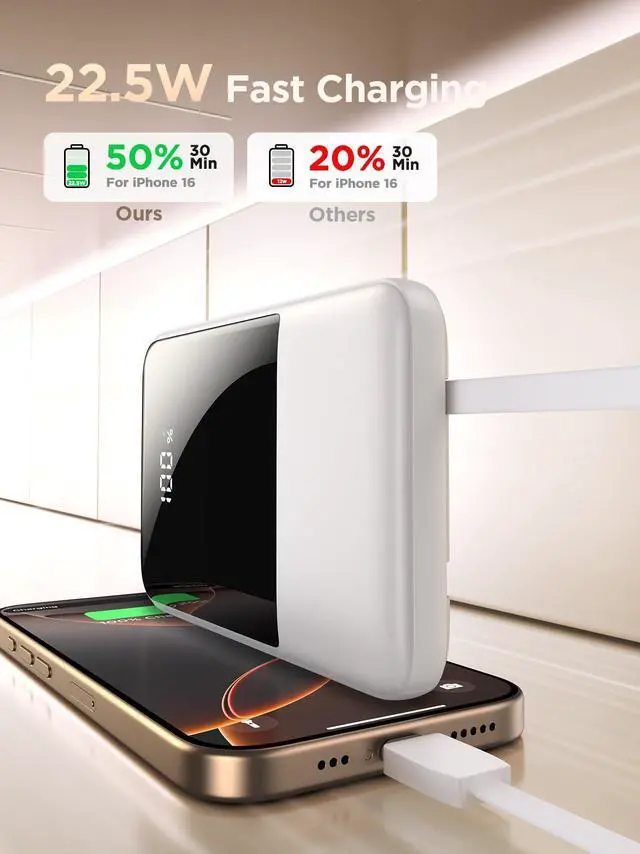 Alt view image 2 of 4 - Aioneus 10000mAh Power Bank with Built in Cables + USB C Cable 10FT 3Pack Nylon Phone Charger Cord